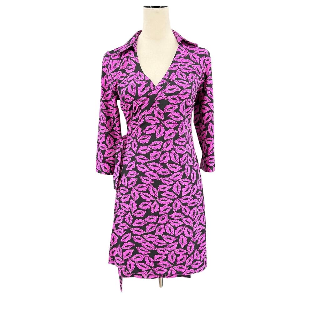 By Julie Brown Purple Black Lip Print Kiss Wrap Long Sleeve Jersey Mini Dress